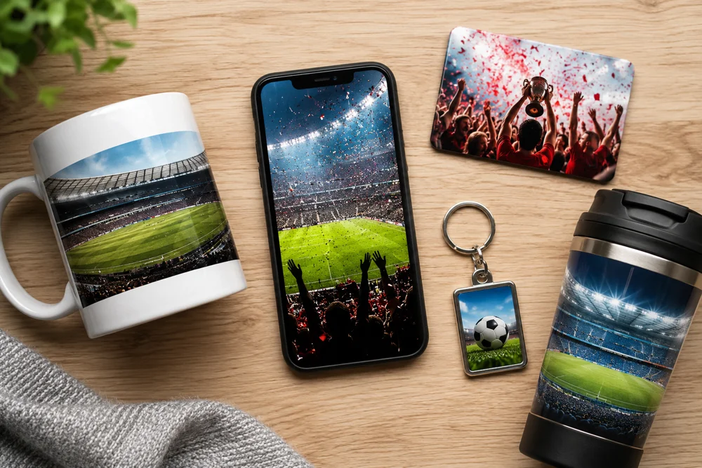 Personalisierte Fussball-Fan-Geschenksammlung mit Fototassen, Magneten und Schlüsselanhängern mit Fussball 2026 Erinnerungen