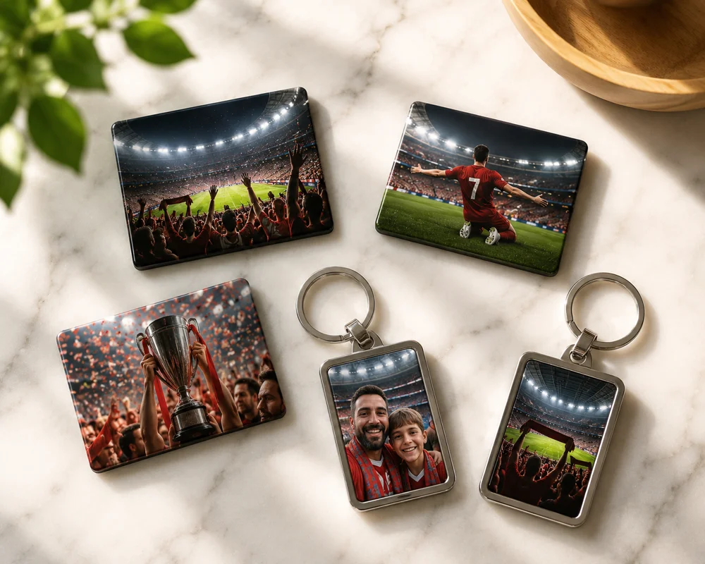 Foto-Schlüsselanhänger und Kühlschrankmagnete mit Fussball-Spieltag-Erinnerungen und 2026 Schnappschüssen