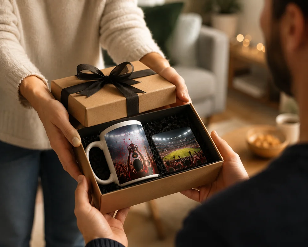 Fussball-Geschenkbox mit personalisierter Fototasse und Erinnerungsstücken für Fans