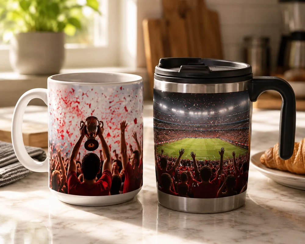 Individuelle Fototassen und Reisebecher mit Fussball-Stadionfotos und Sommer 2026 Erinnerungen