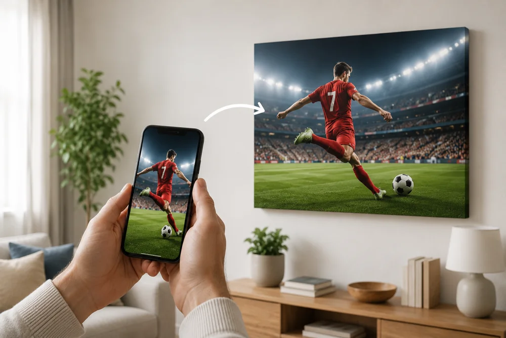 Stadionpanorama-Leinwanddruck und Wandbild-Arrangement mit Fussball-Fotografie