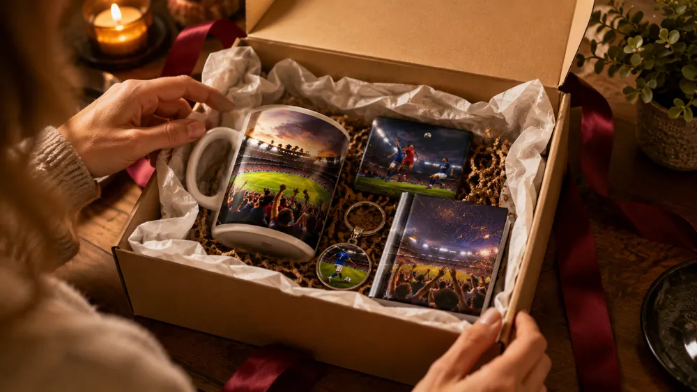 Geöffnete Geschenkbox mit personalisierten Fussball-Fan-Souvenirs: Fototasse, Magnete und Schlüsselanhänger