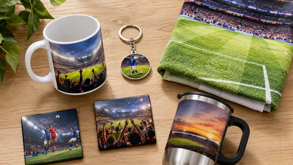Sammlung personalisierter Fussball-Fan-Souvenirs mit Fototassen, Magneten, Schlüsselanhängern und Fotohandtuch