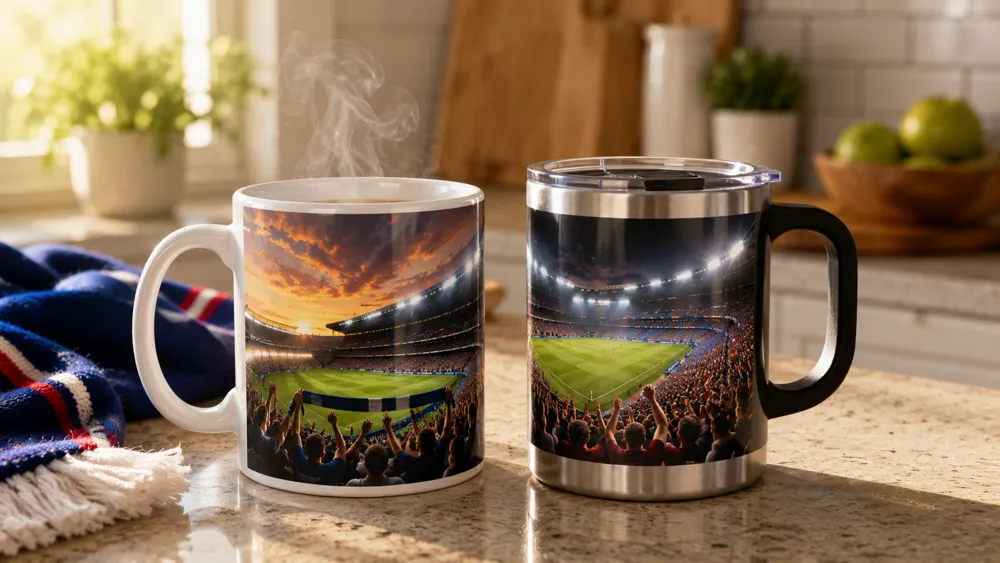 Vergleich zwischen klassischer Keramik-Fototasse und isoliertem Thermobecher, beide mit Fussball-Stadionfotos bedruckt