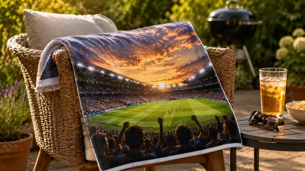 Personalisiertes Fotohandtuch mit Stadion-Panorama bei Sonnenuntergang, drapiert über einen Gartenstuhl