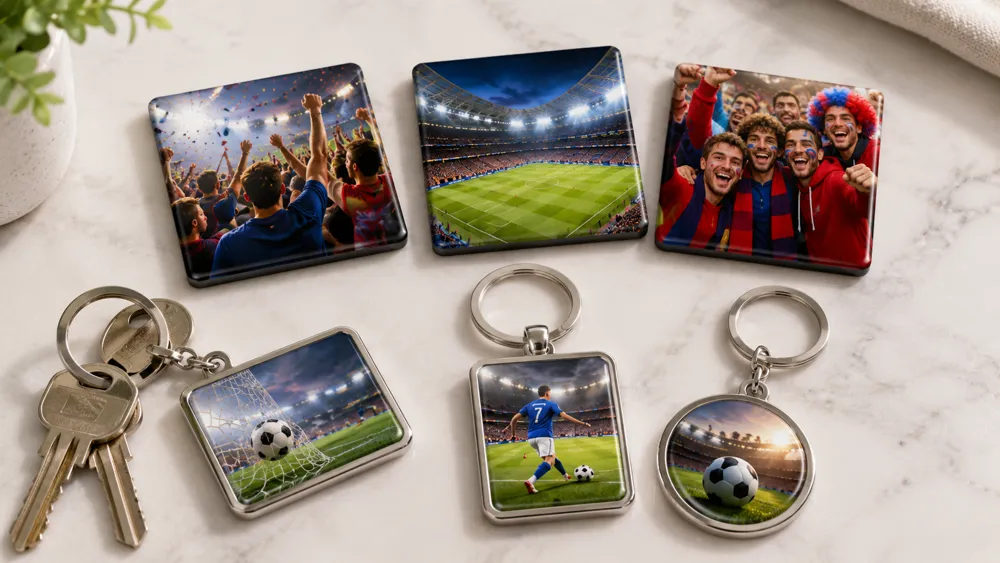 Personalisierte Foto-Schlüsselanhänger und Kühlschrankmagnete mit verschiedenen Fussball-Fan-Momenten