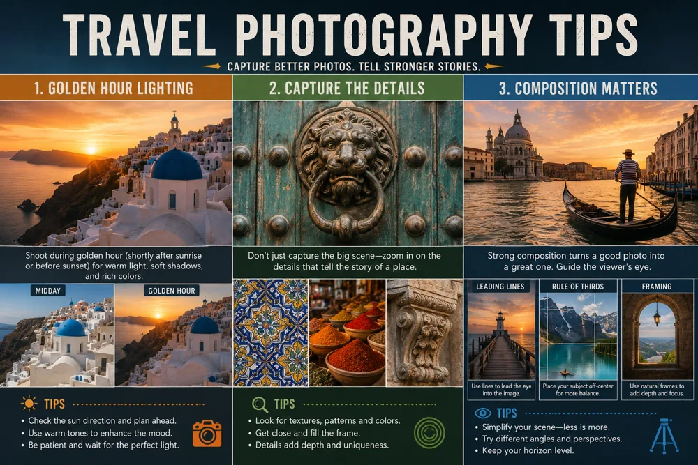 Vergleich von Reisefotografie-Techniken mit goldener Stunde, Detailaufnahmen und Kompositionstipps
