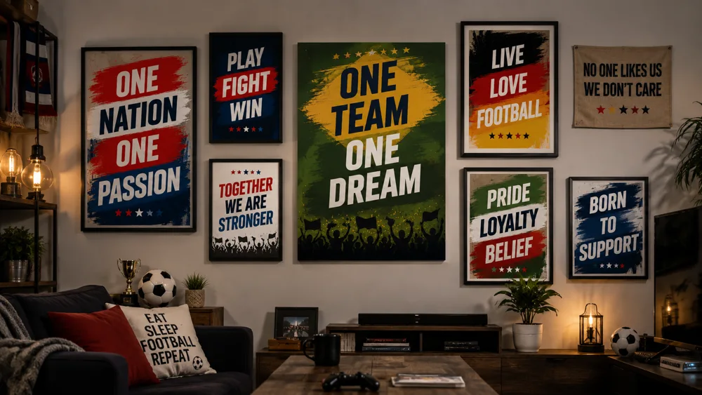 Sammlung gerahmter Fussball-Fan-Poster als Wanddekoration in einem deutschen Wohnzimmer