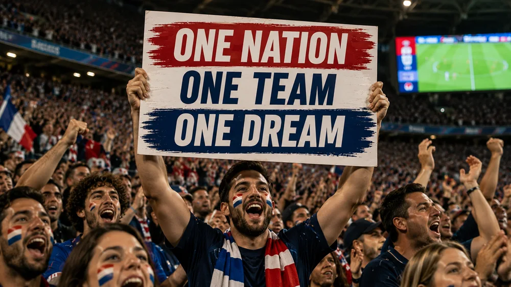Fussball-Fan hält ein farbenfrohes selbst gestaltetes Poster beim Public Viewing hoch