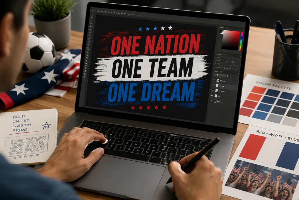 Designprozess für ein Fussball-Poster mit Farbauswahl und Typografie auf dem Bildschirm