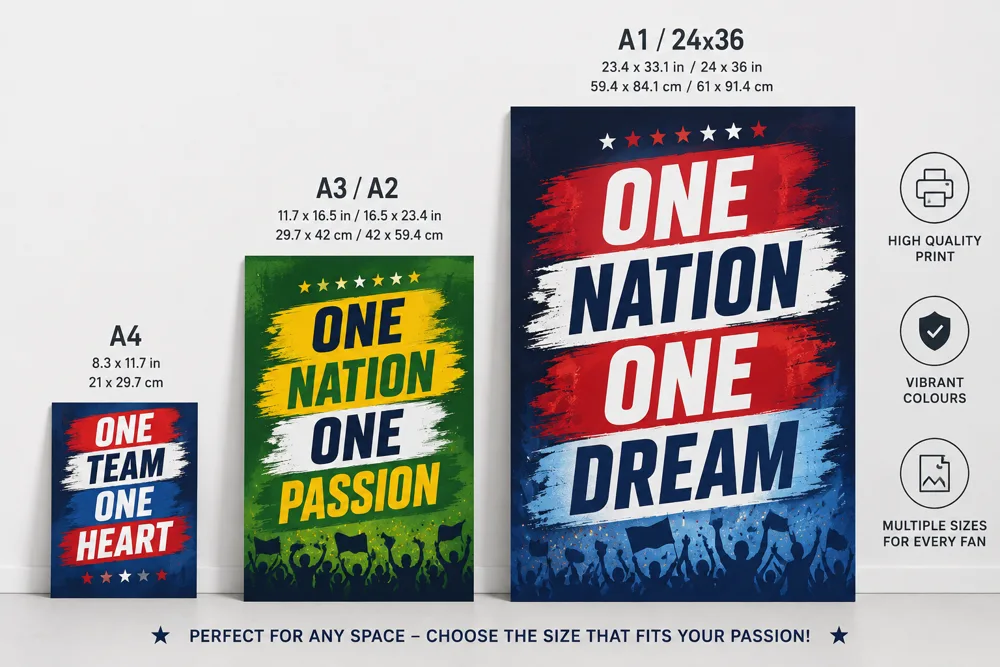 Vergleich verschiedener Postergrössen von A4 bis A1 für Fussball-Fans