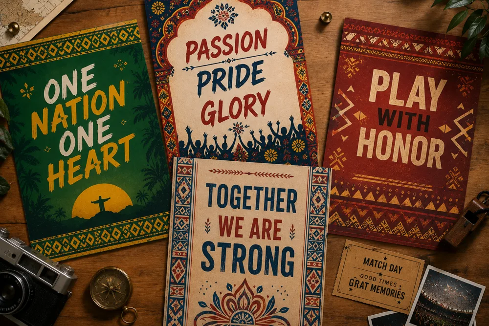 Länderbezogene Fussball-Fan-Poster mit kulturellen Designelementen und nationalen Mustern