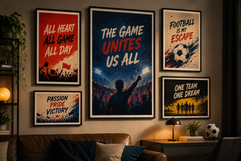 Gerahmte Fussball-Fan-Poster als Galeriewand in einem stilvollen deutschen Wohnzimmer