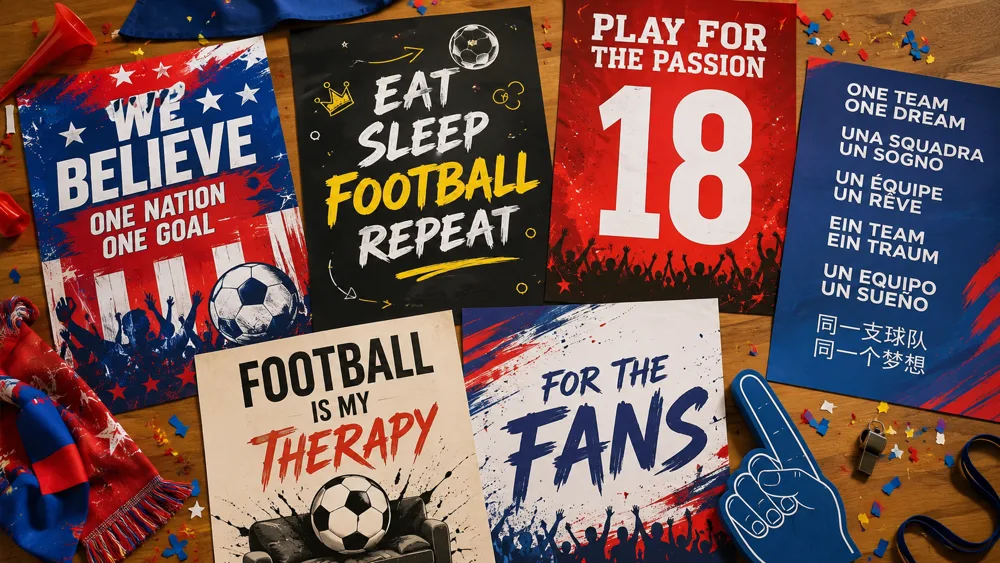 Bunte Sammlung von Fussball-Fan-Postern bei einem Spieltag-Event mit begeisterten Zuschauern
