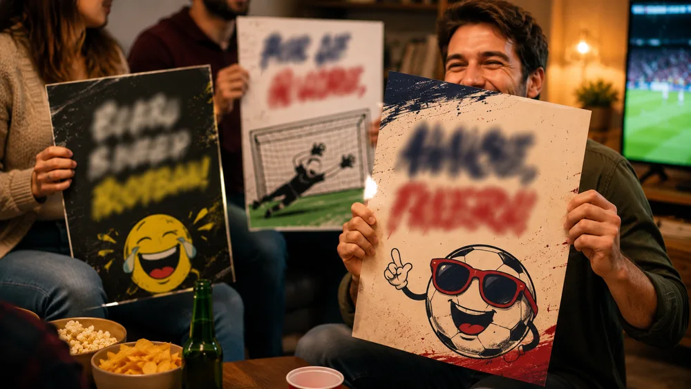 Witzige und kreative Fussball-Fan-Schilder mit humorvollen Sprüchen und Spieler-Referenzen