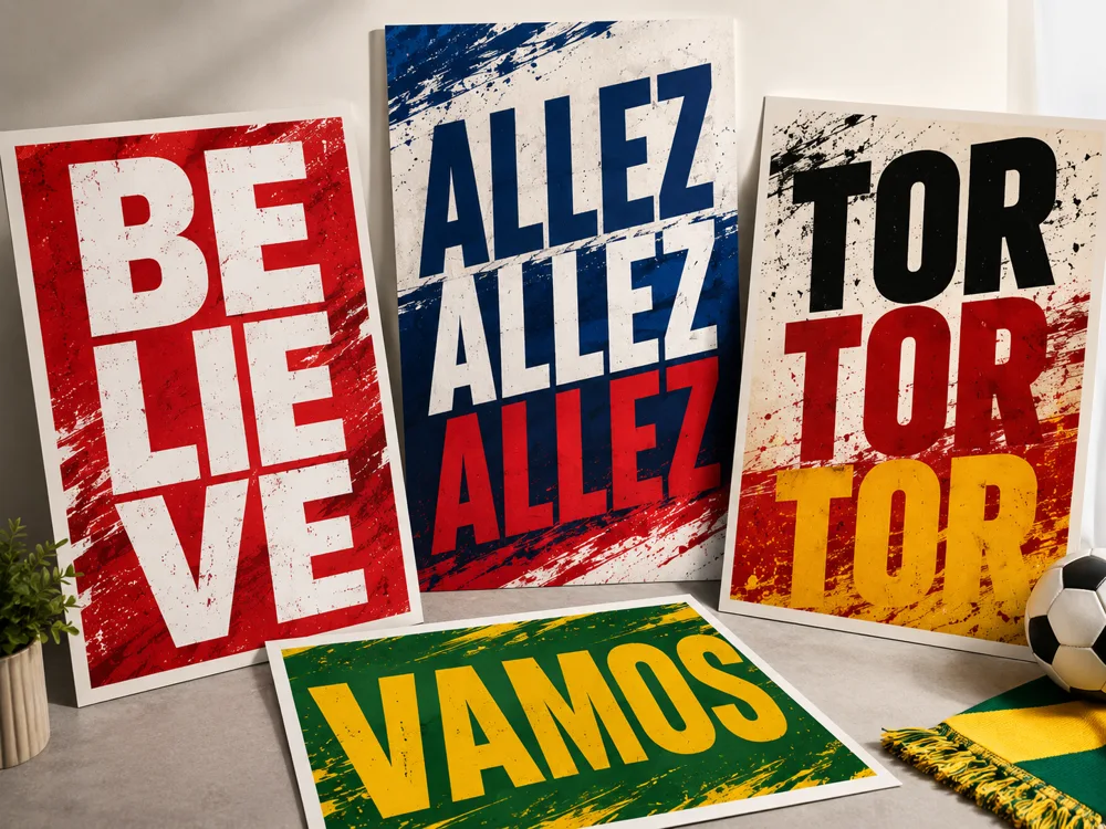 Typografische Fussball-Fan-Poster in Flaggenfarben mit kurzen, kraftvollen Botschaften