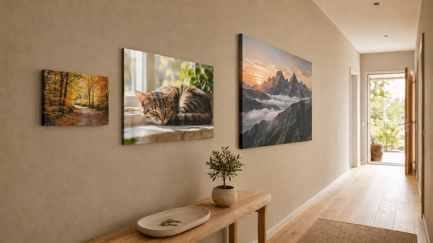 Drei Wandbilder auf Leinwand und hinter Acrylglas im hellen Flur
