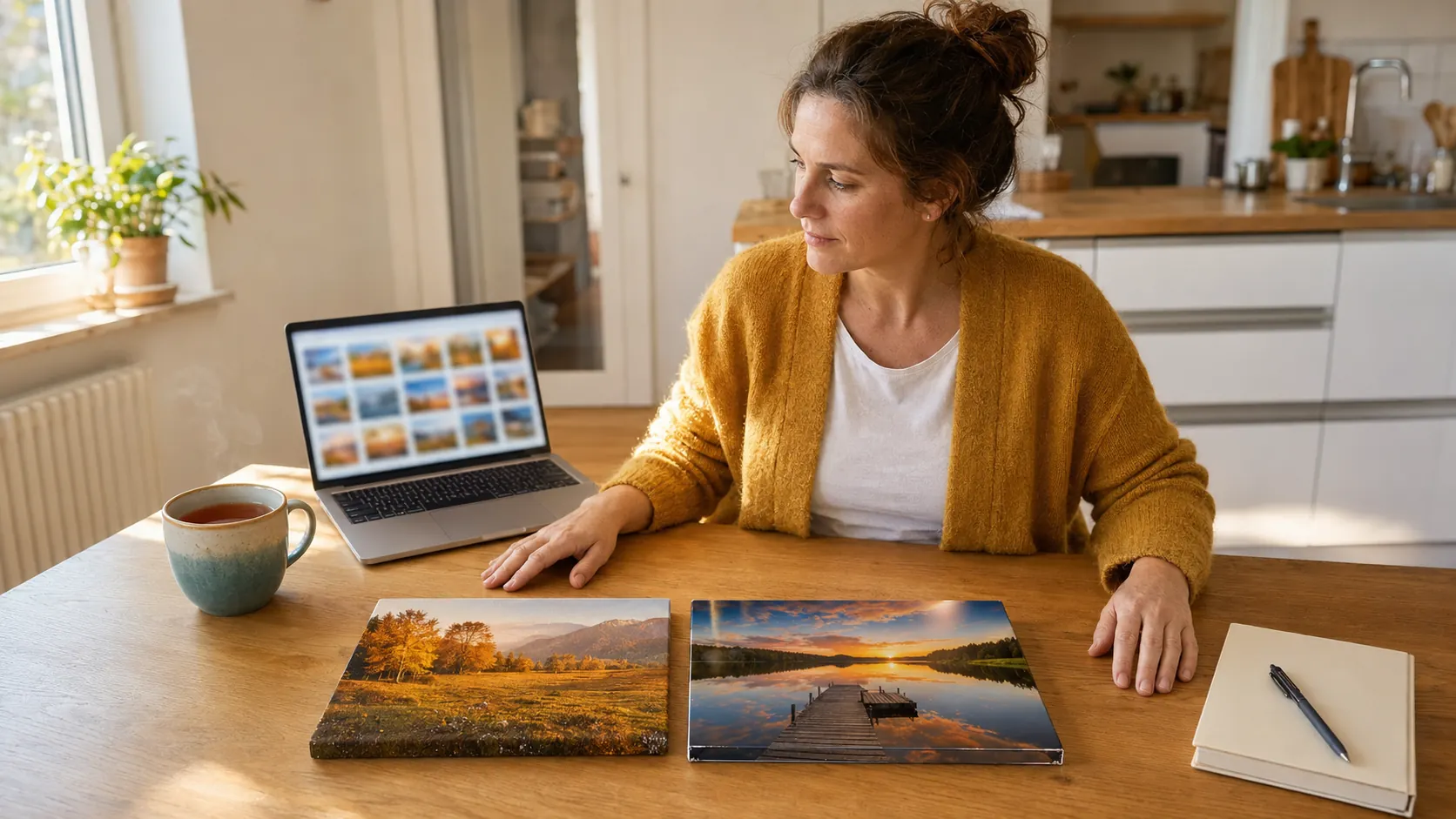Frau vergleicht am Küchentisch Muster von Leinwand und Acrylglas am Laptop