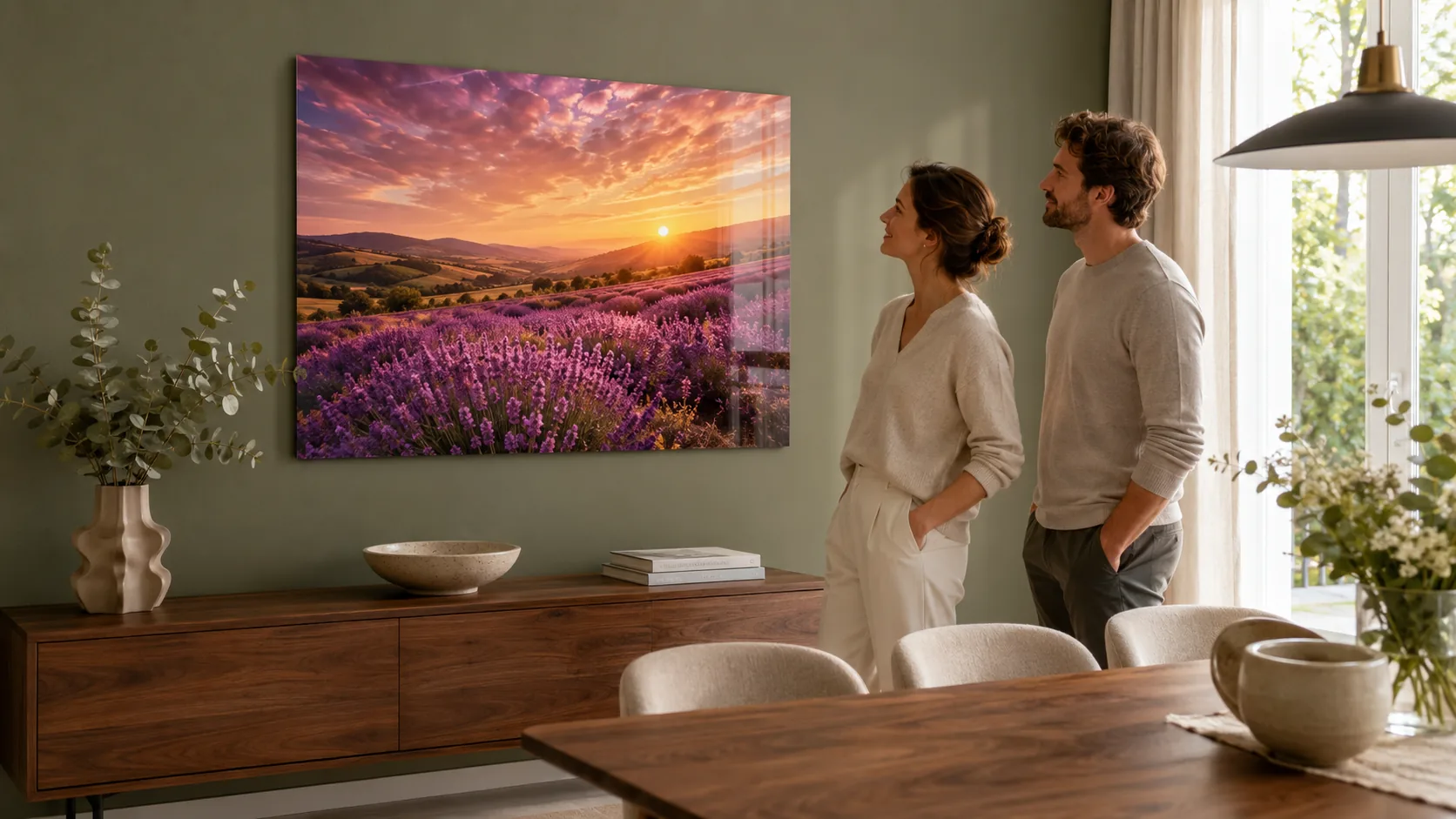 Acrylglas-Wandbild mit Lavendelmotiv über einer Kommode im Wohnzimmer
