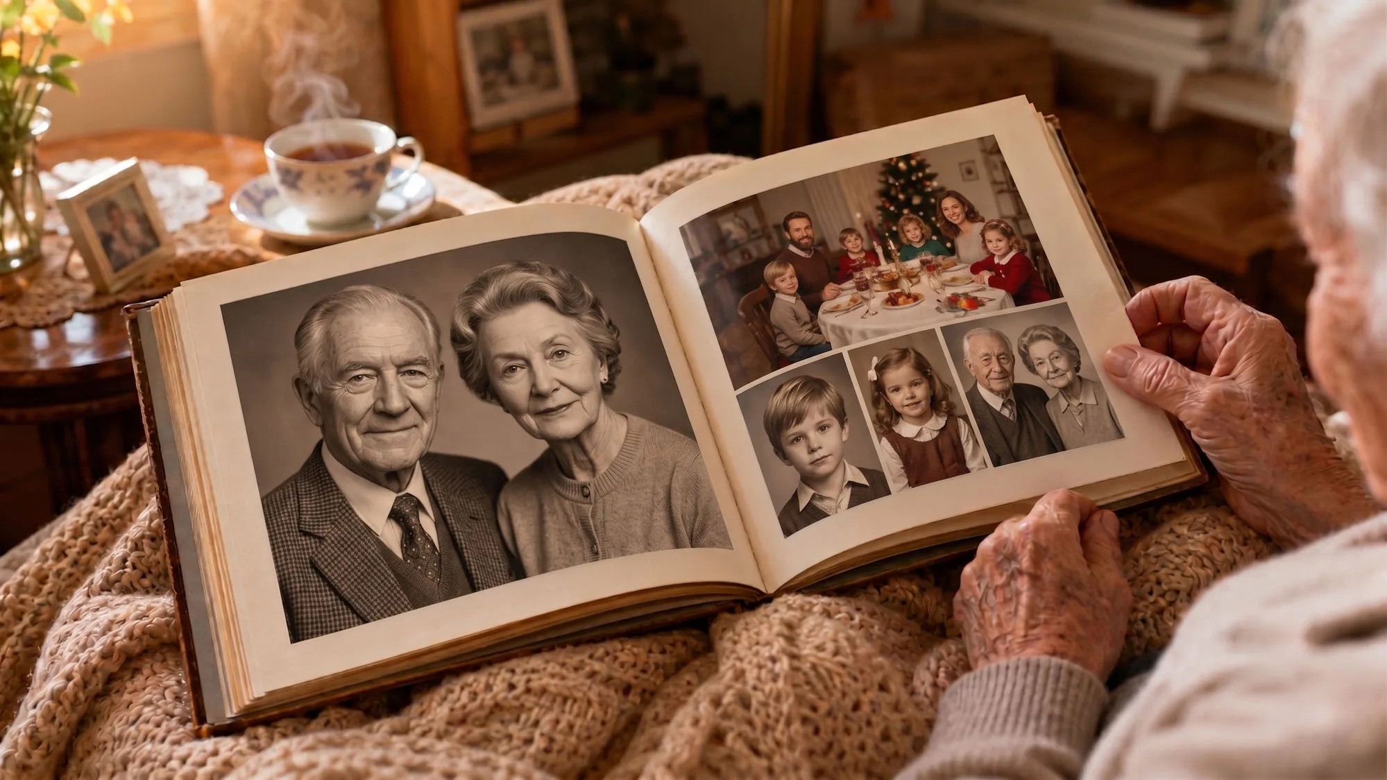 Hände einer älteren Person halten ein aufgeschlagenes Fotobuch mit alten Aufnahmen