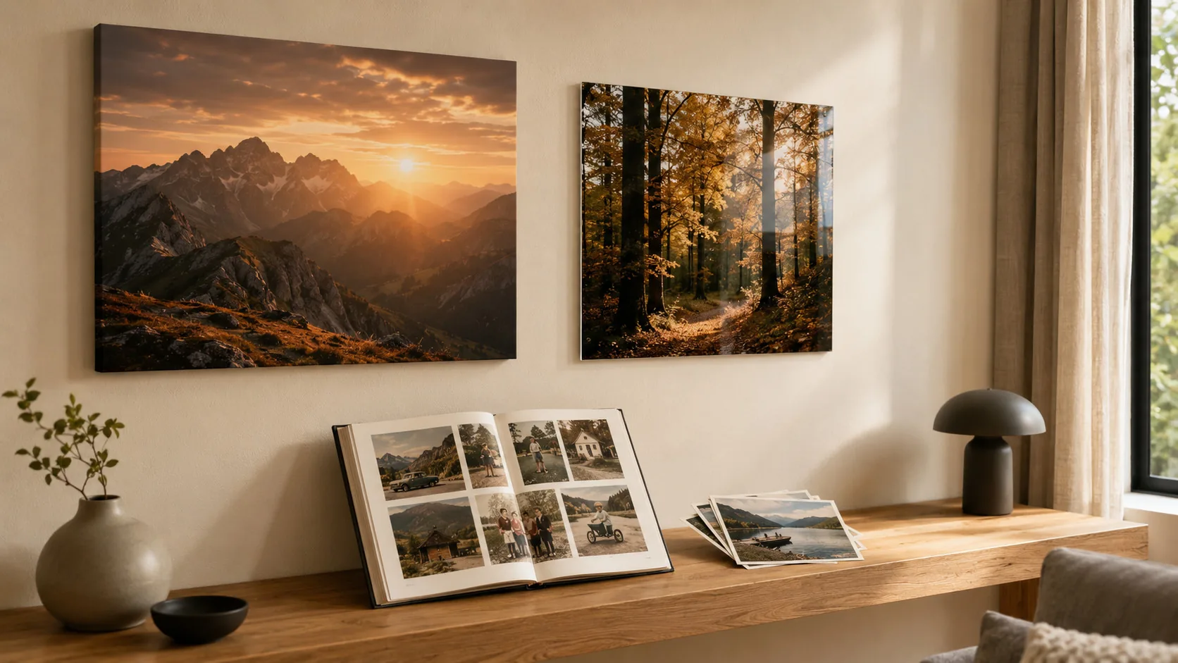 Zwei Wandbilder über einer Kommode mit einem aufgeschlagenen Fotobuch und Abzügen