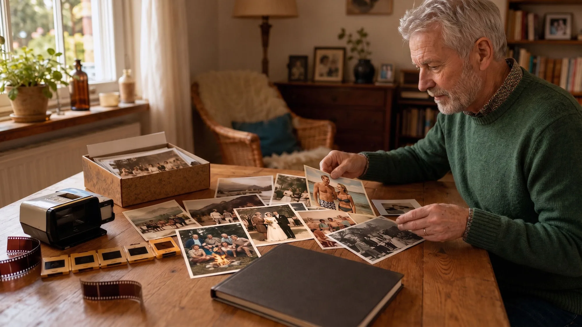 Älterer Mann sortiert alte Papierfotos, Dias und Filmstreifen auf einem Tisch