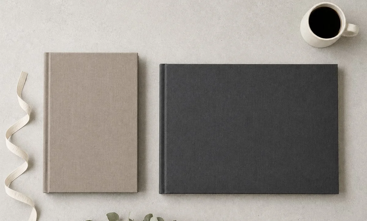 Größenvergleich von Fotobuch A4 und Fotobuch A3 in der Aufsicht, zwei Hardcover-Alben nebeneinander auf hellem Untergrund