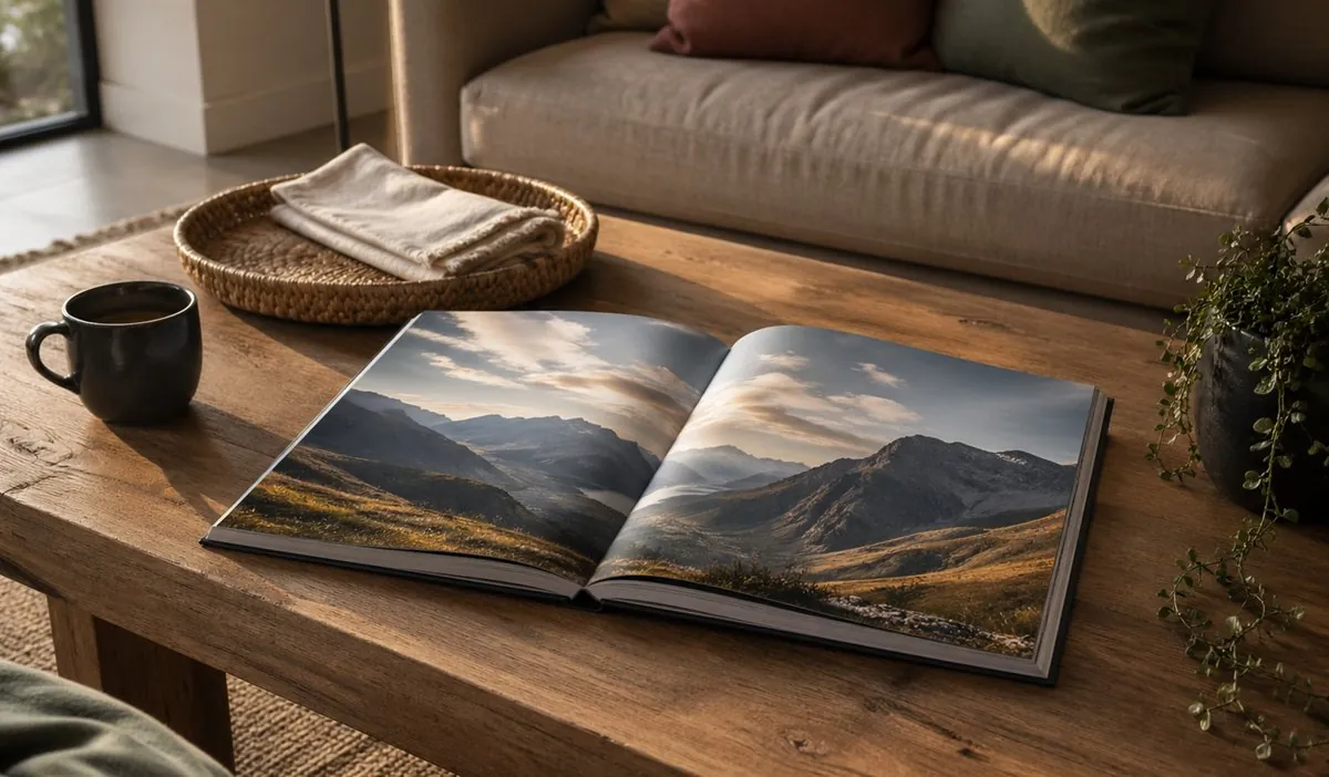 Großformatiges Fotobuch A3 mit Bergpanorama auf einem Couchtisch im Wohnzimmer