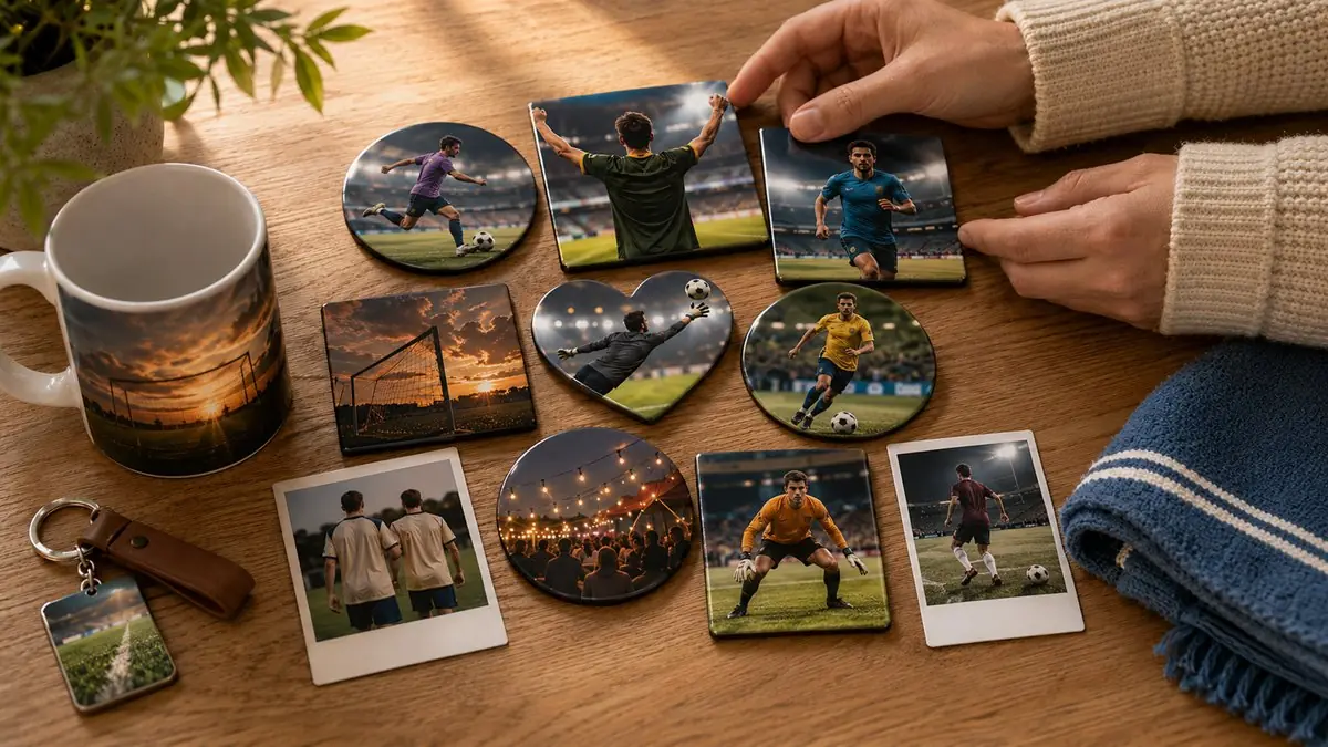 Personalisierte Foto-Magnete mit Fußball-Motiven kombiniert mit Foto-Tasse, Schlüsselanhänger und Schal als Andenken-Set vom Weltmeister-Sommer