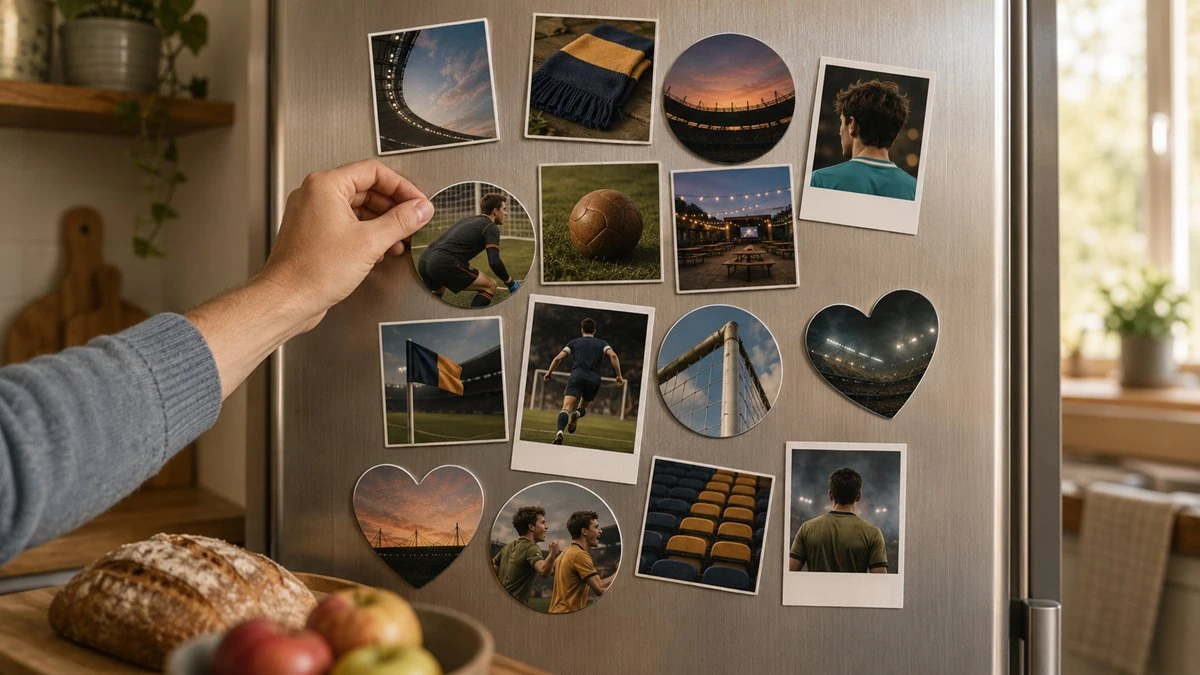 Foto-Magnete in verschiedenen Formen mit Fußball-Bildern an der Kühlschranktür angeordnet