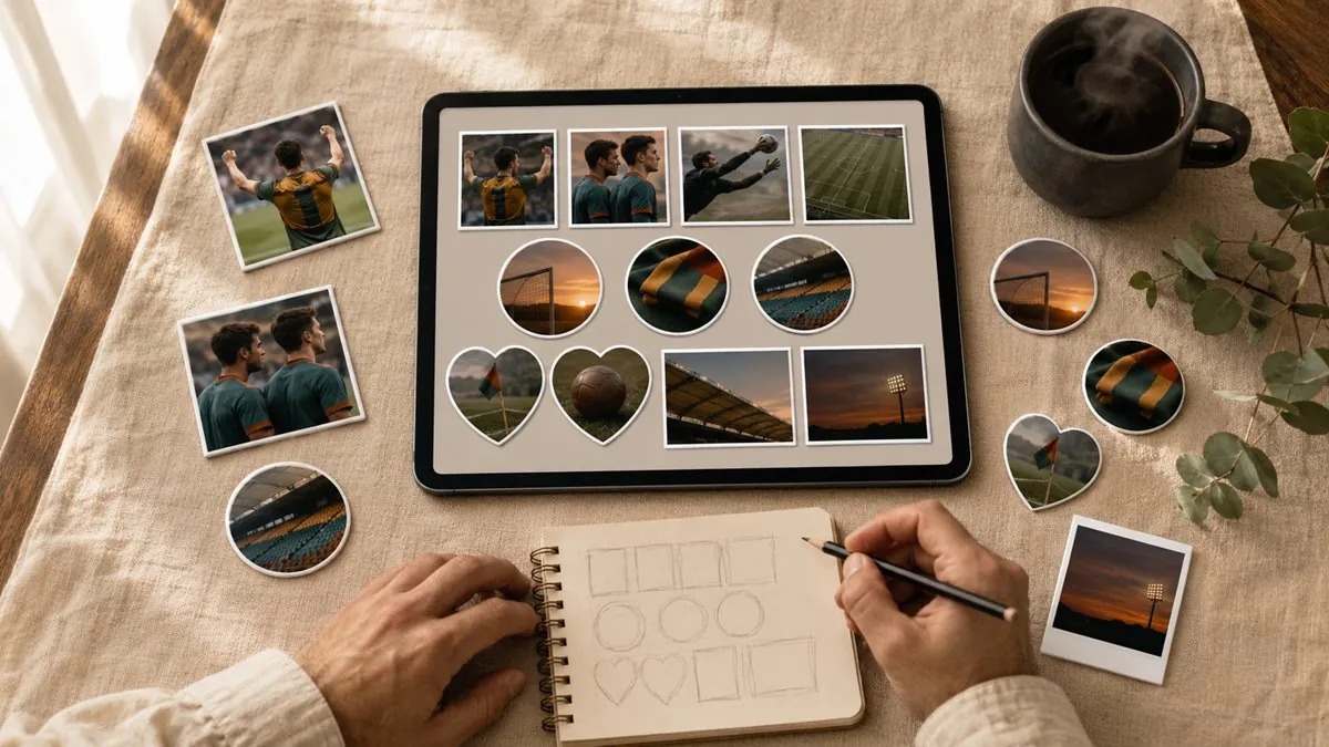 Foto-Magnete selbst gestalten am Tablet mit Layout-Skizzen in einem Notizbuch