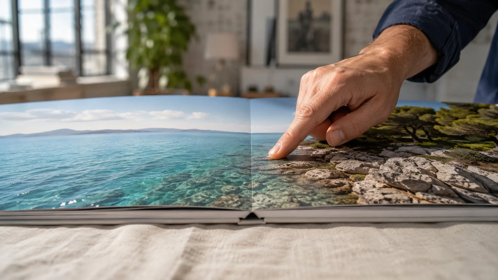 Aufgeschlagenes Layflat Fotobuch mit nahtloser Panorama-Doppelseite eines Küstenpanoramas, kein Falz in der Mitte