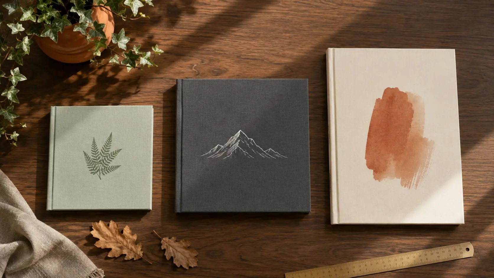 Drei Layflat Fotobücher in verschiedenen Formaten und Stoffeinbänden auf einem Holztisch