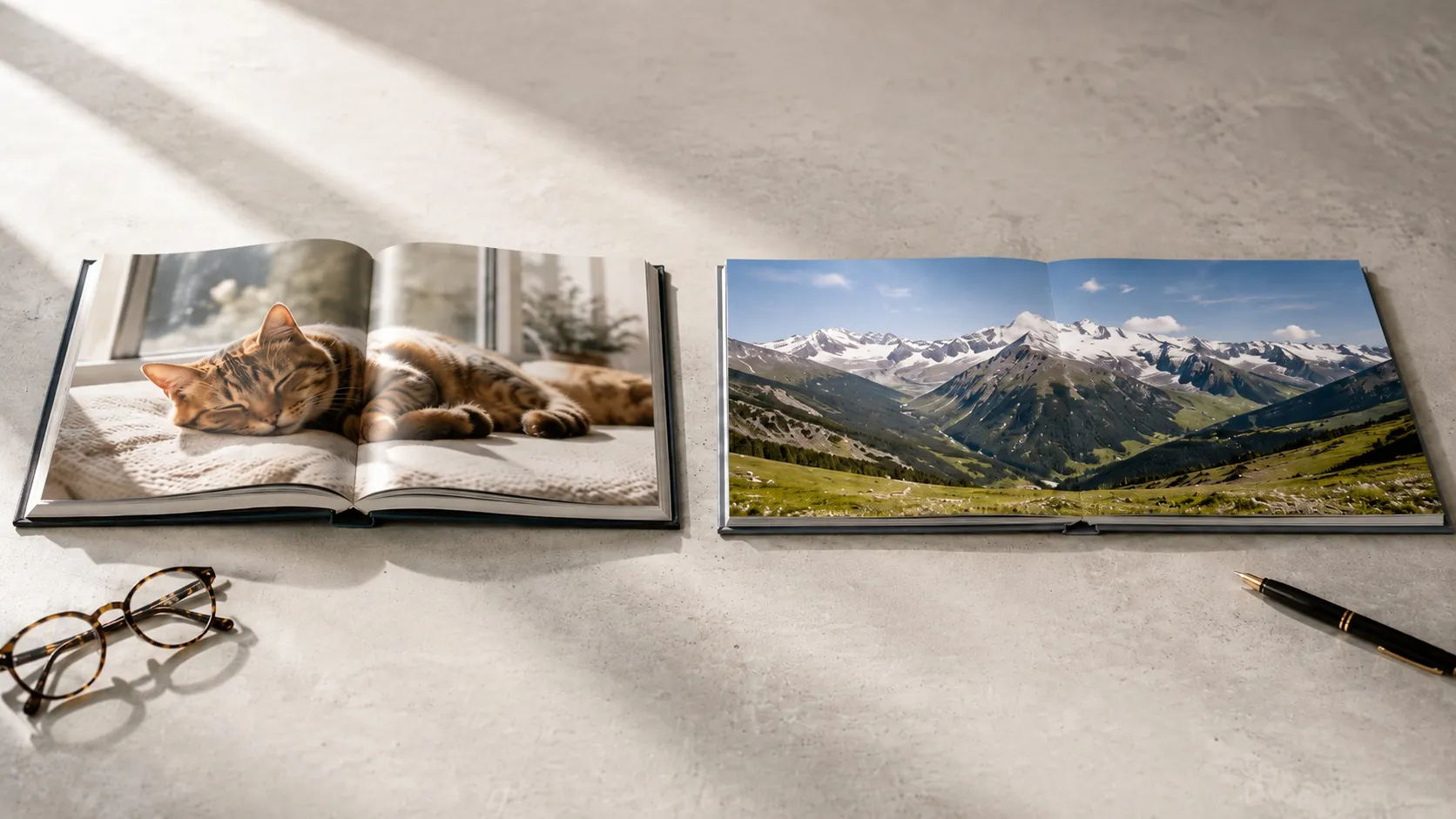 Vergleich: Layflat Fotobuch mit perfekt flacher Doppelseite vs. klassisches Fotobuch mit sichtbarem Falz und Wölbung im Bund
