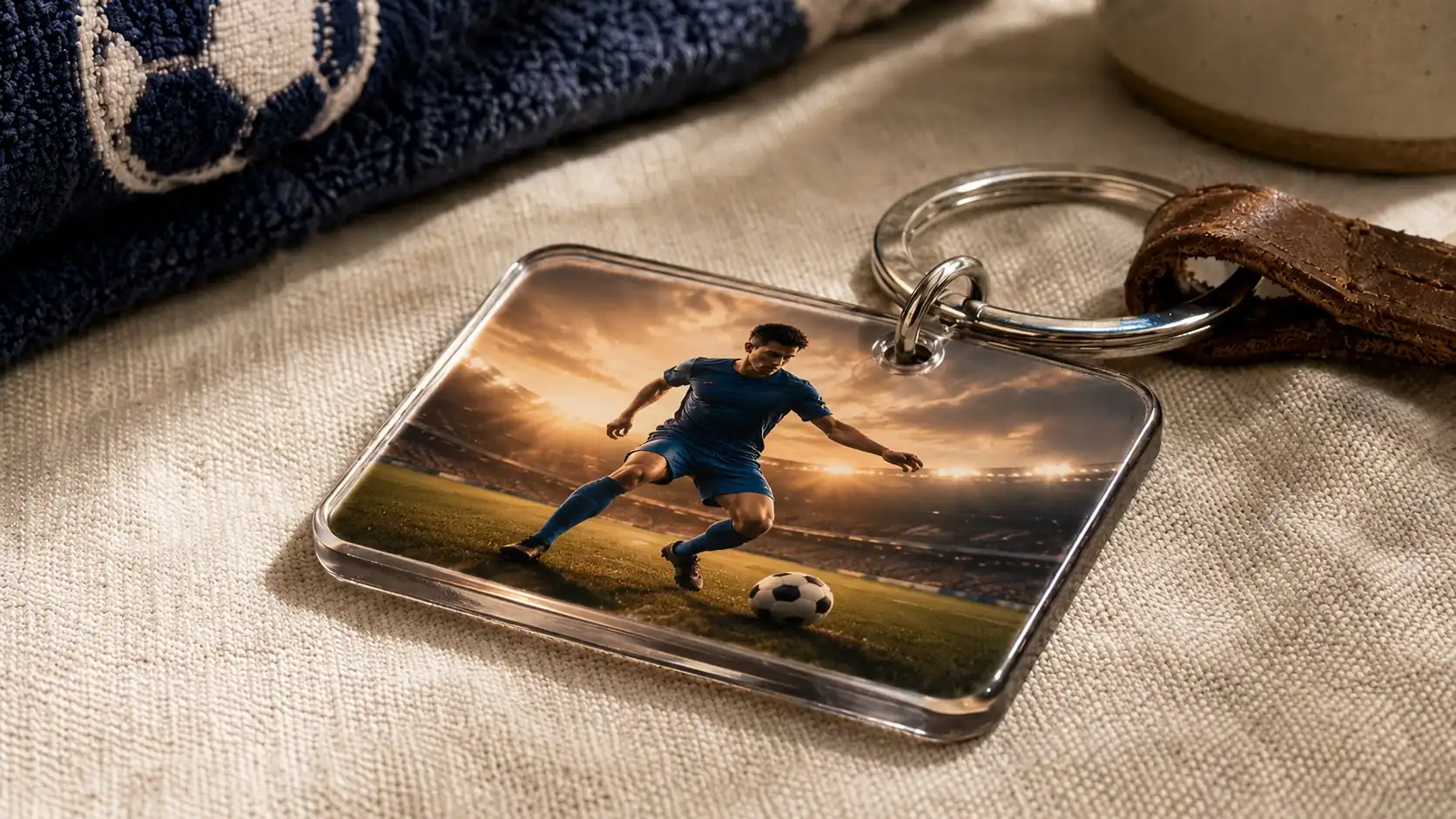 Detailaufnahme eines rechteckigen Schlüsselanhängers mit Foto eines Fußballspielers im Stadion bei Sonnenuntergang