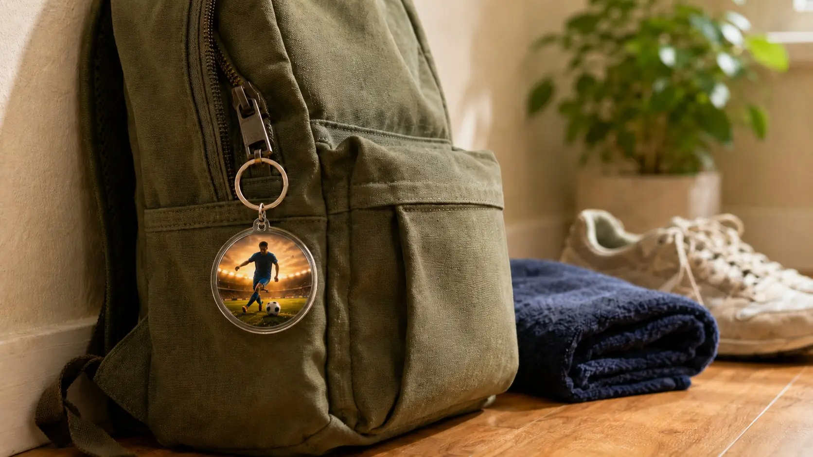 Runder Schlüsselanhänger mit Foto eines Fußballspielers am Reißverschluss eines Rucksacks für unterwegs