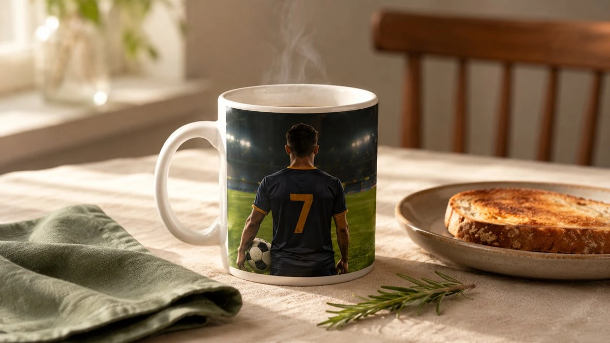 Fototasse mit Stadion-Foto auf dem Frühstückstisch als Andenken vom Weltmeister-Sommer