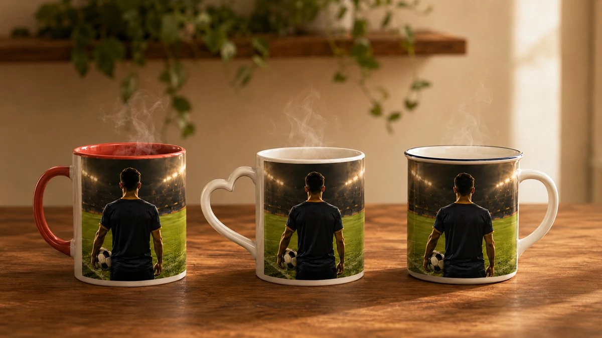Drei Fototassen-Varianten im Vergleich: Keramik-Tasse, Zaubertasse mit Farbwechsel und Emaille-Tasse