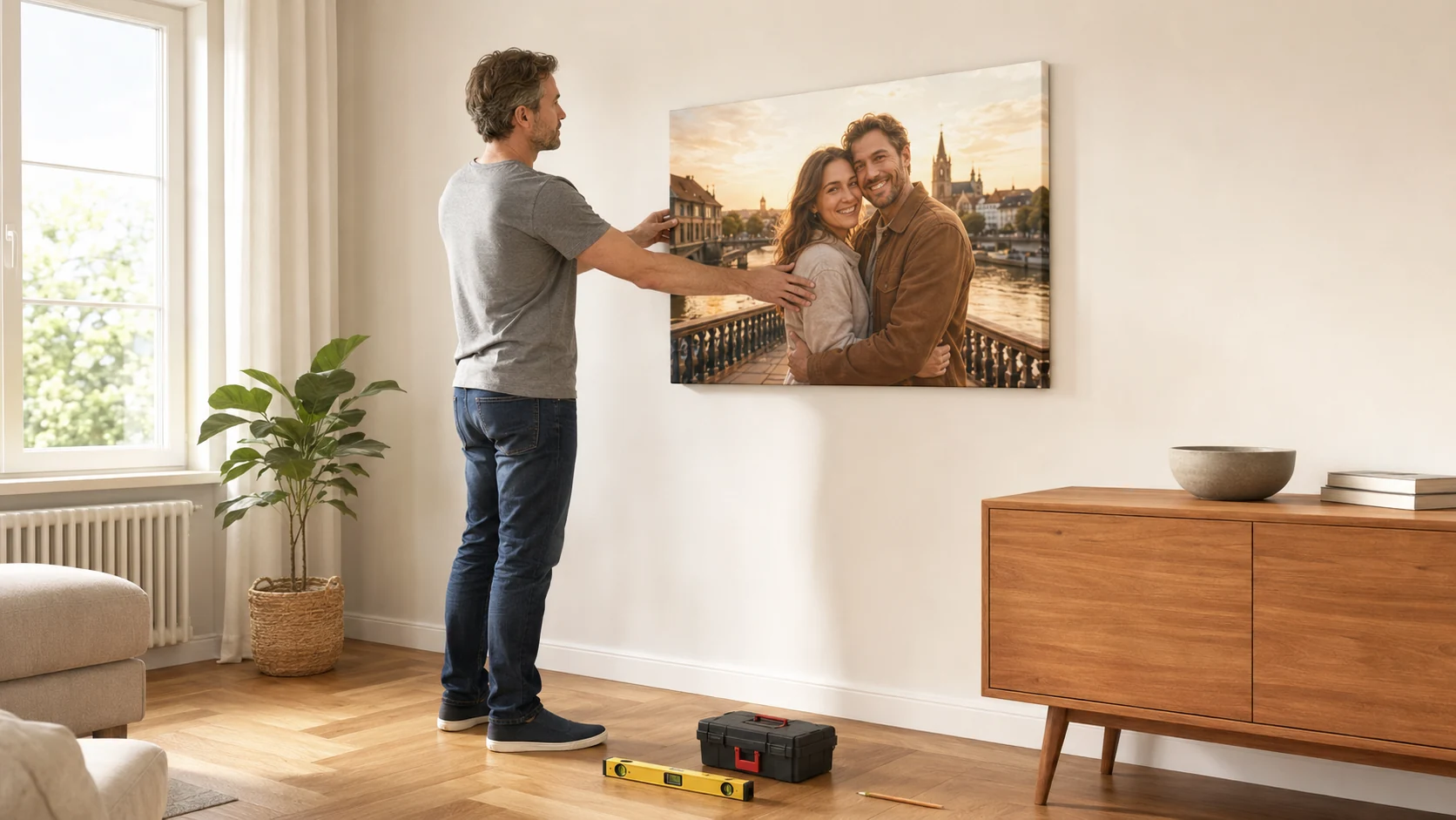 Mann hängt ein Foto auf Leinwand mittig an der Wohnzimmerwand auf