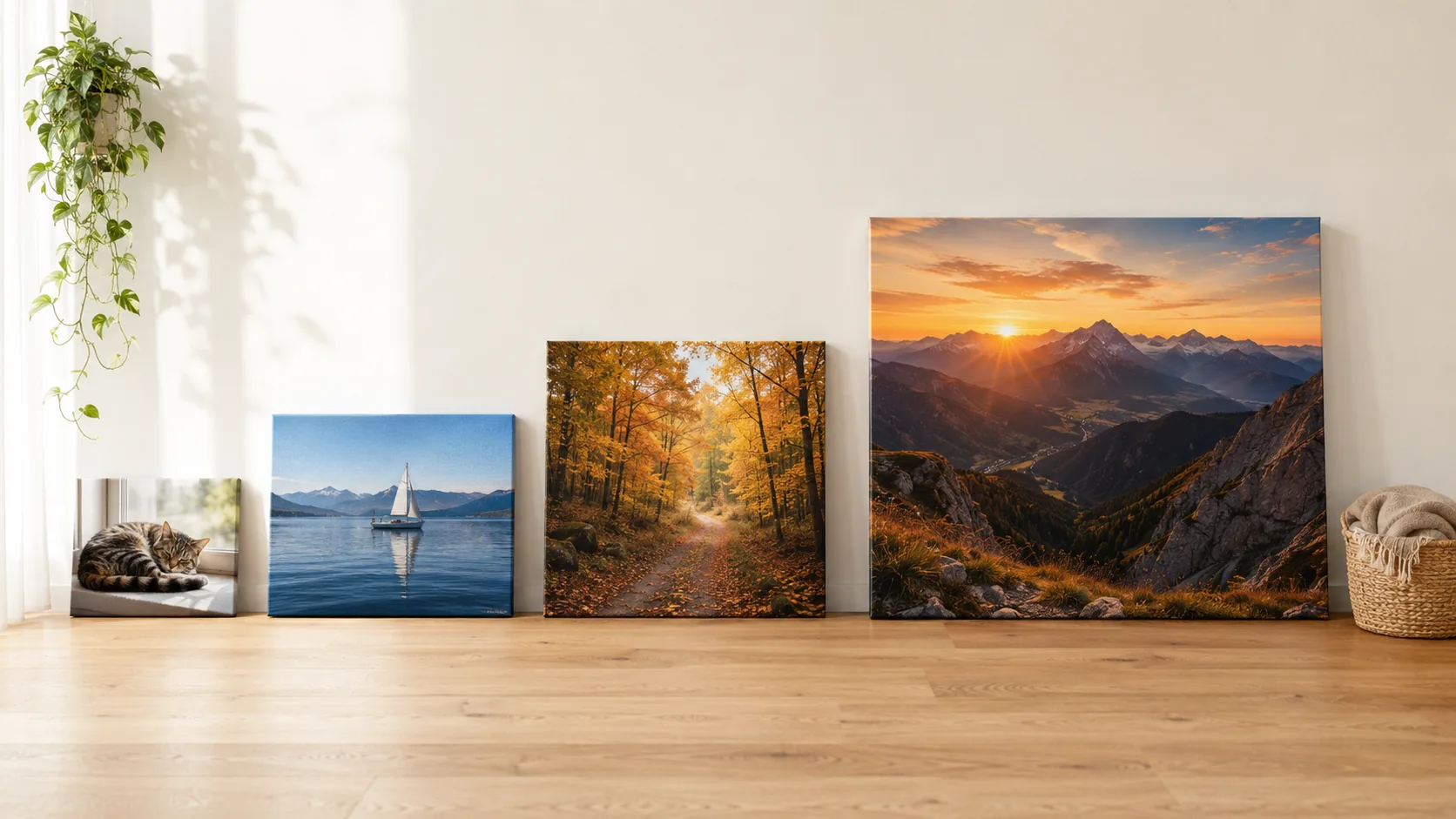 Verschiedene Leinwandgrößen als Wandbild nebeneinander aufgestellt