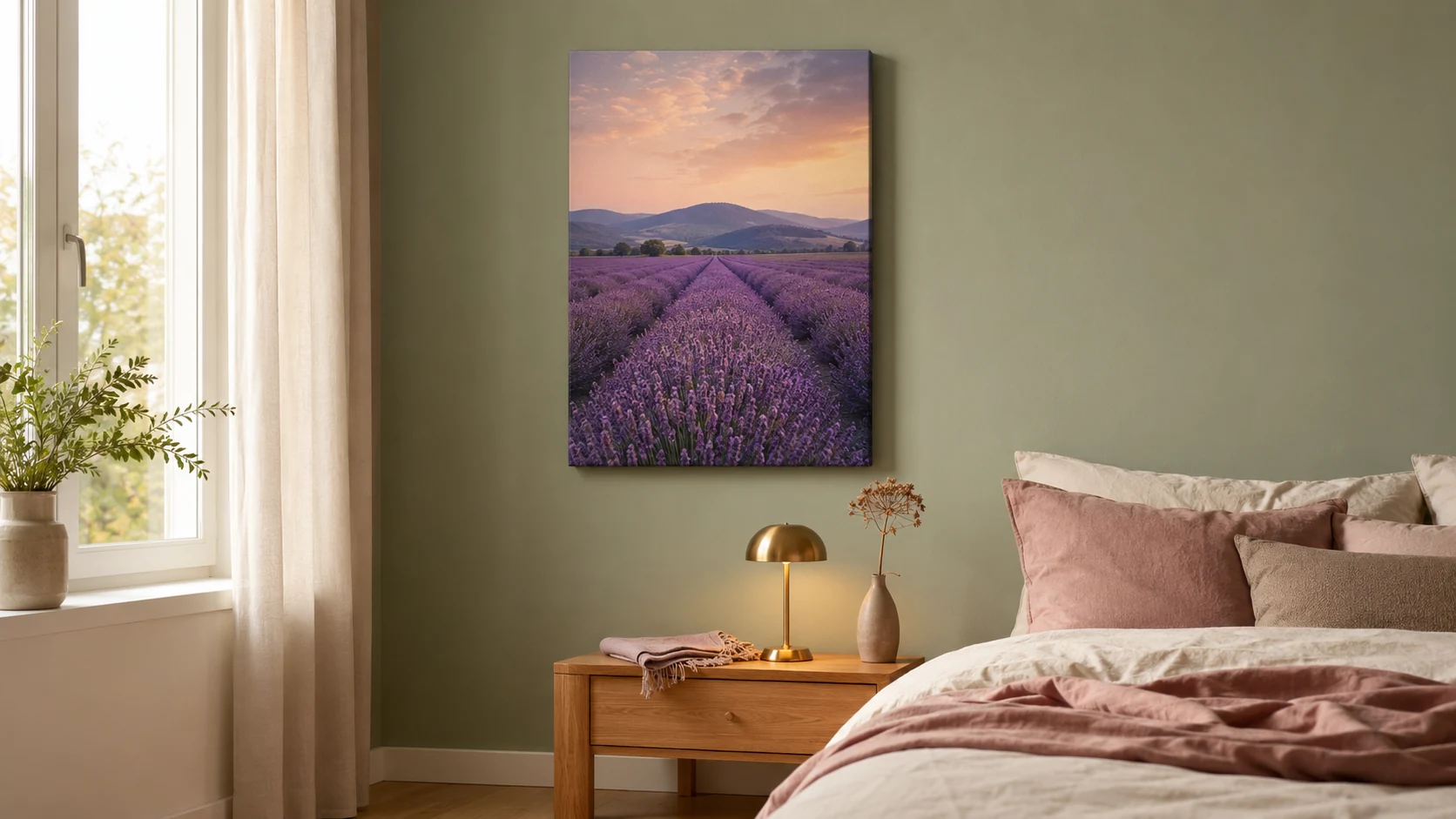Hochformatige Leinwand mit Lavendelfeld als Wandbild im Schlafzimmer