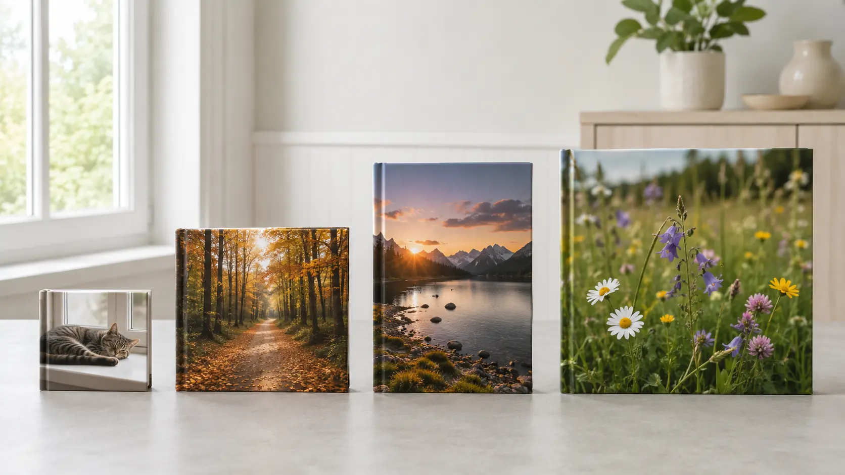 Vier Fotobücher in unterschiedlichen Größen nebeneinander: 10x10, 20x20, A4 und 30x30 cm