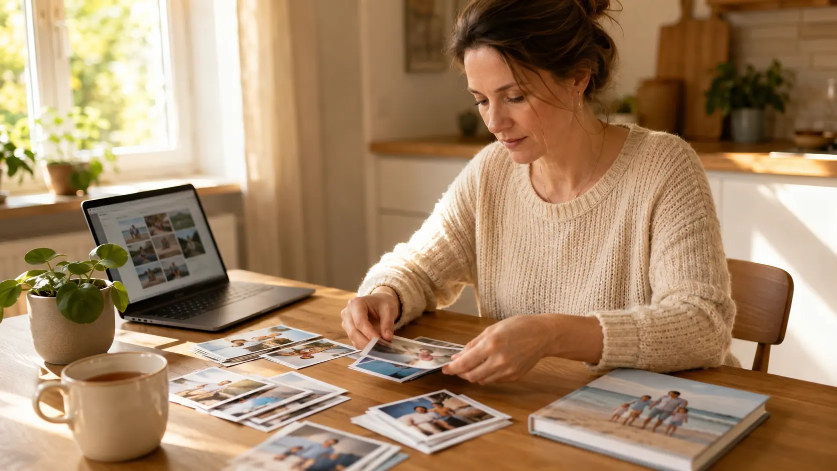 Frau ordnet gedruckte Fotos am Küchentisch neben einem Laptop für die Fotobuch-Gestaltung
