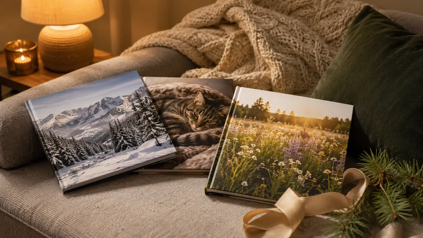 Drei fertige Fotobücher als Geschenk auf einem Sofa mit unterschiedlichen Cover-Motiven
