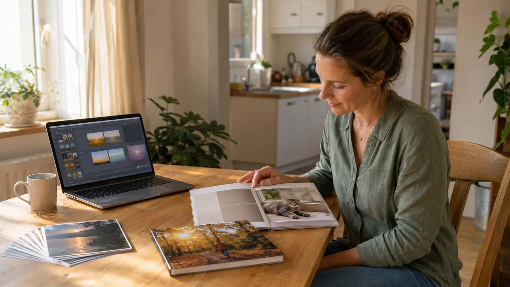 Erste Schritte beim Fotobuch erstellen am Küchentisch mit Laptop