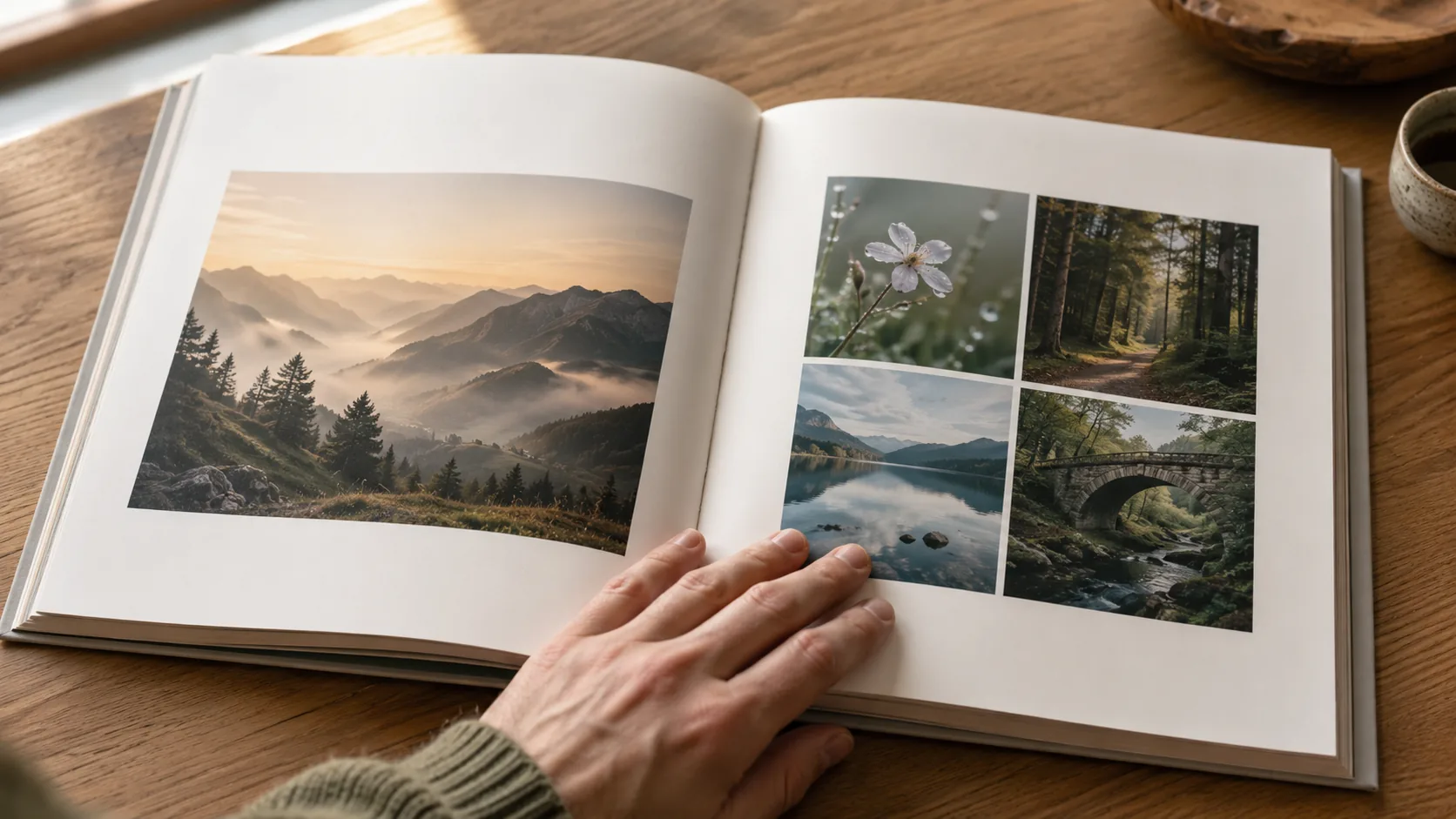 Layout-Detail einer Fotobuch-Doppelseite mit Leitmotiv und Bildergruppe