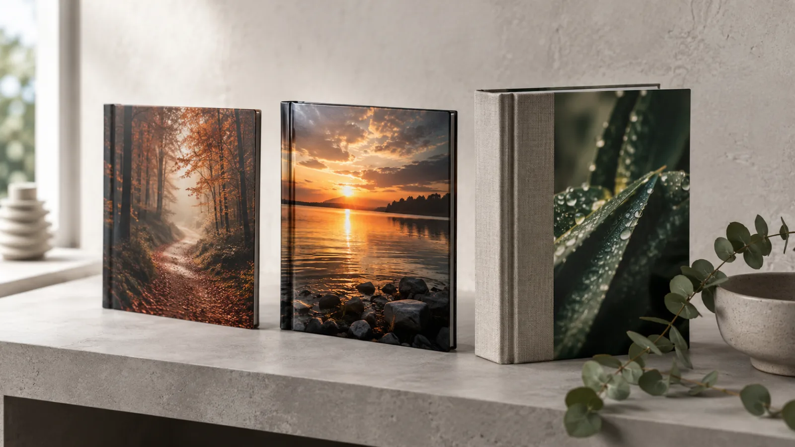 Drei Hardcover-Fotobücher mit Natur-Motiven nebeneinander auf einem Sideboard