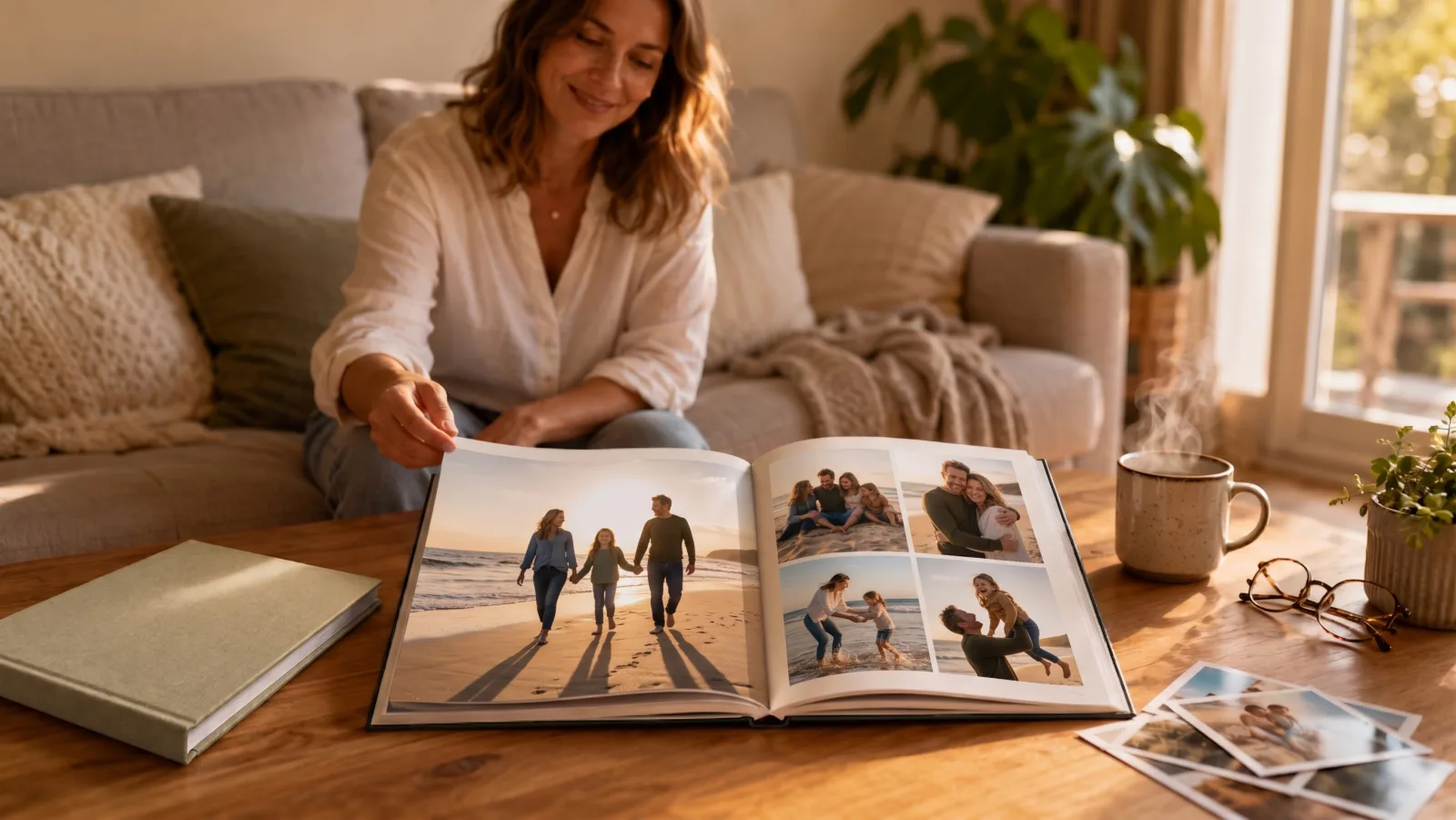 Aufgeschlagenes Hardcover-Fotobuch mit Familienfotos auf einem Couchtisch