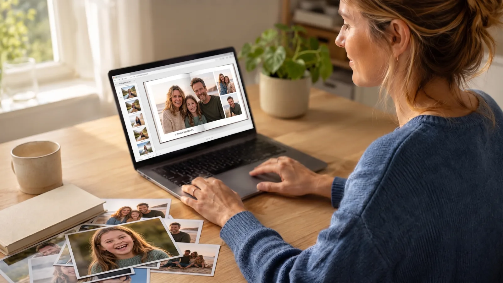 Frau gestaltet ihr Fotobuch am Laptop mit ausgedruckten Fotos daneben