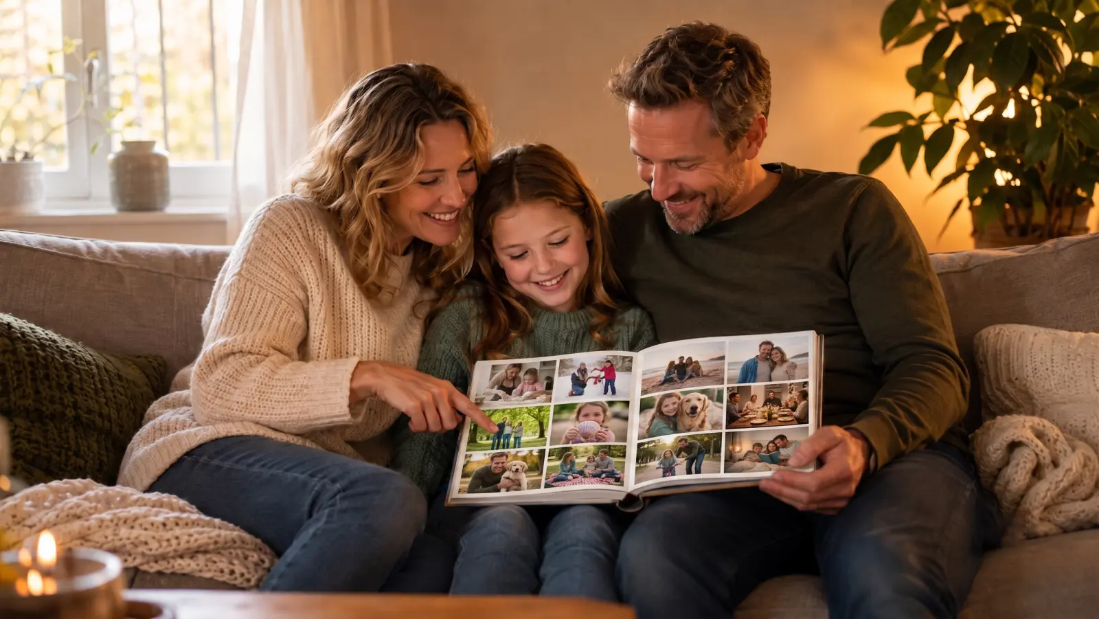Familie blättert gemeinsam auf dem Sofa in einem Fotobuch